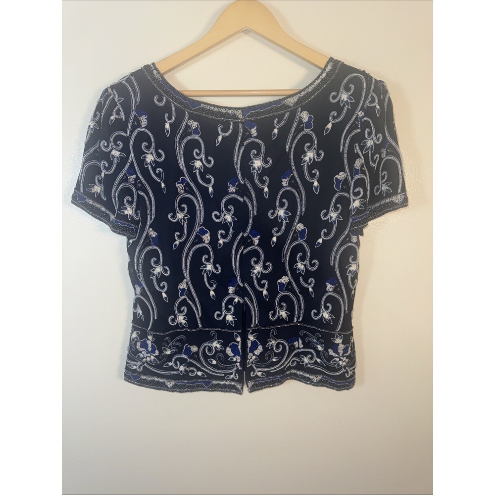 Vintage Adriana Papell Occasions Silk Beaded Blouse Women's 14 Navy Embroidered - Picture 6 of 8